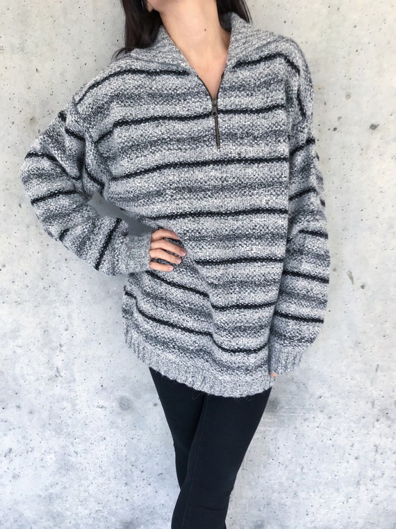 90s Vintage Striped Sweater // Wool // Alpaca // Black & Gray | Etsy