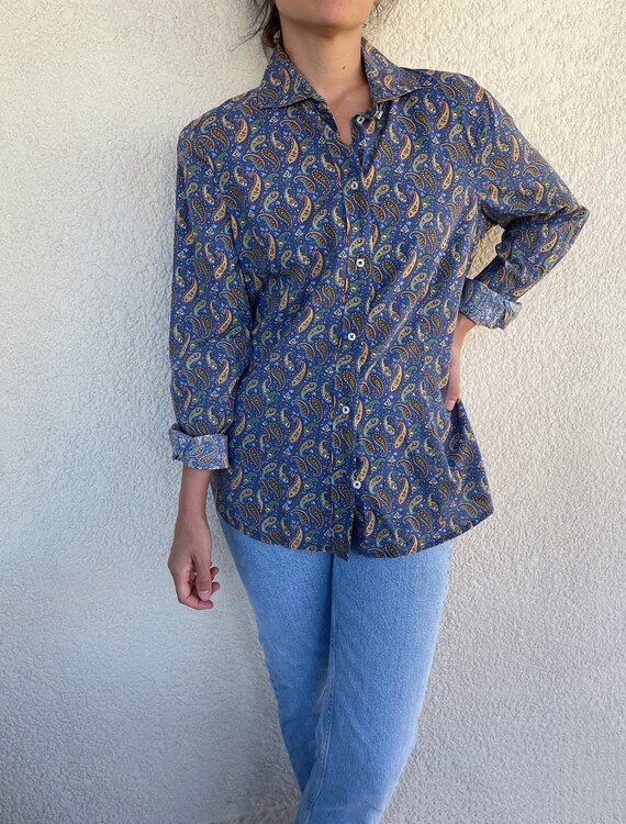 Vintage Navy Blue Paisley Print Blouse 