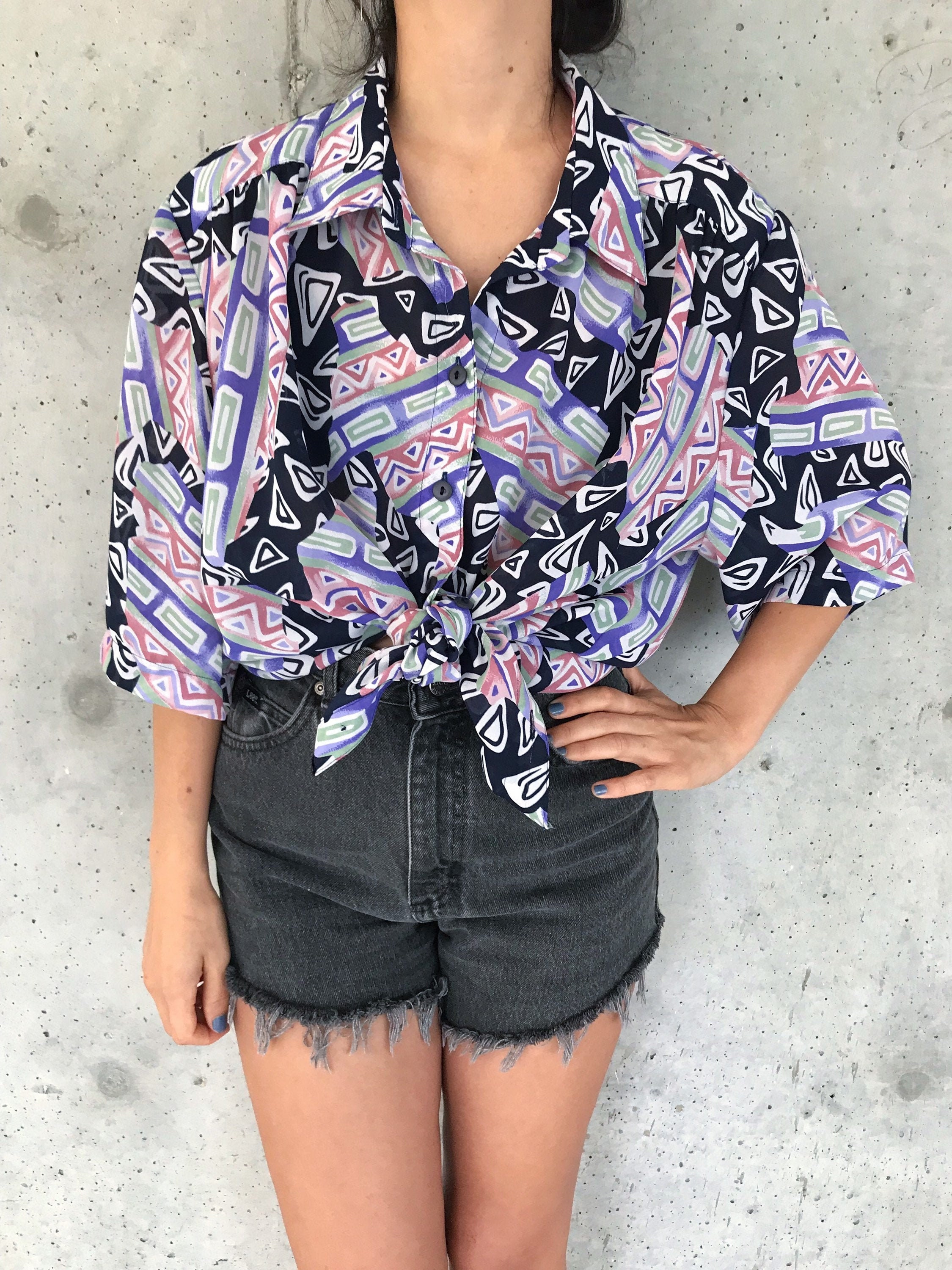 80s Vintage Sheer Geometric Print Shirt 