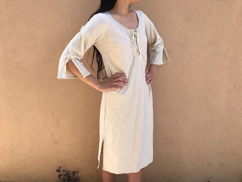 Vintage Woolworths Boho Linen Dress Lace Detail Neutral Minimalist Natural Tie Front Bell Sleeve Side Slit