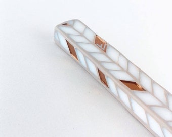 White Stained Glass Mezuzah: Copper Accent, Modern Judaica
