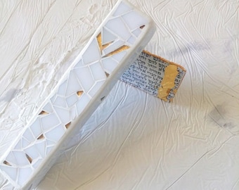White Geometric Mezuzah Case: Modern Judaica Art, Gold Accents