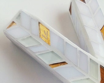 White Mosaic Mezuzah Case with Gold Shin: Modern Judaica Art