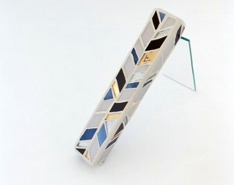 Modern mezuzah case, Contemporary Judaica, Jewish housewarming & Jewish wedding geometric mezuzah, Deep blue, glass mezuzah, Israeli artist