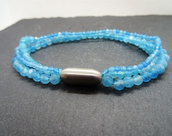 Bracelet in several rows faceted apatite quartz with magnetic clasp, matted stainless steel, one-of-a-kind handmade gift