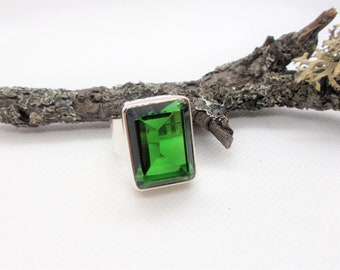 Statement ring green obsidian rectangle faceted 925 sterling silver