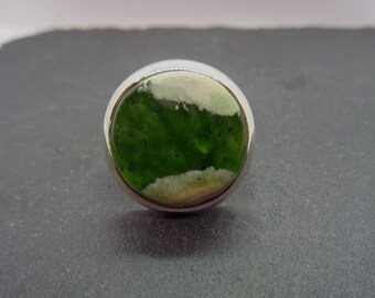 Statement ring green opal round cabochon natural in 925 sterling silver handmade unique piece