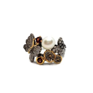 Anneau 925 Perles de reproduction Grenat Flore et faune