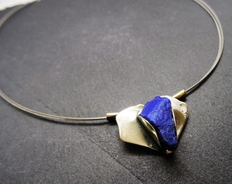 Necklace with lapis lazuli pendant in blackened sterling silver with stainless steel ring, handcrafted, unique piece