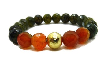 Bracelet Spider's Nachat olive green Carnelian orange faceted on silicone rubber Single piece Handmade gold-plated ball