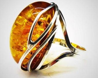 Statement Ring Amber Baltic Nature 925 Sterling Silver Gemstone Handmade Single Piece