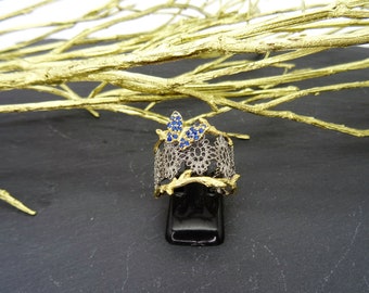 Ring butterfly sterling silver 925 blackened with yellow gold 585