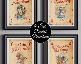 Alice Wonderland Instant Download Wall Art Prints - Giant Playing Cards x 4 - Mad Hatter - Alice - Queen of Hearts - White Rabbit