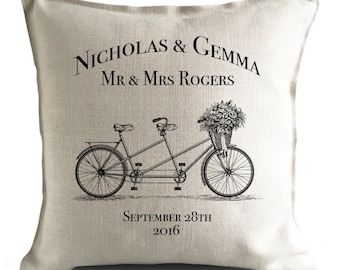 Personalised Wedding Anniversary Tandem Bicycle Cushion Cover Gift Valentines Day Mr and Mrs Bride and Groom - 40cm 16 inch