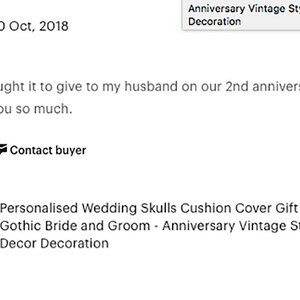 May include: White cushion cover featuring a black and white skull design. The text "Classy & a little bit sassy" is printed on the cushion cover. The cushion cover is a personalised wedding gift for a gothic bride and groom.