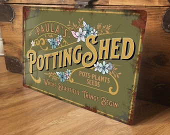 Personalised Potting Shed Sign Metal Garden Wall Door Decor Accessory, Greenhouse Vintage Retro Plaque, Waterproof Aluminium, 200mm x 305mm