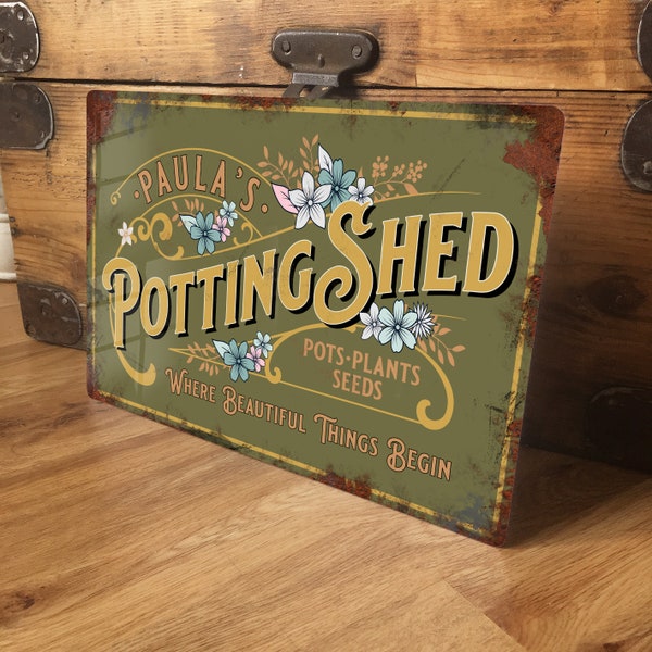 Personalised Potting Shed Sign Metal Garden Wall Door Decor Accessory, Greenhouse Vintage Retro Plaque, Waterproof Aluminium, 200mm x 305mm