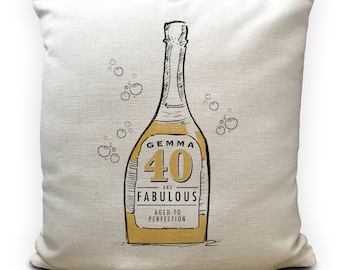 Personalised Birthday Anniversary Cushion Cover - Champagne, Prosecco, Wine Bottle Label - Vintage Gift - Home Decor Decoration 16"