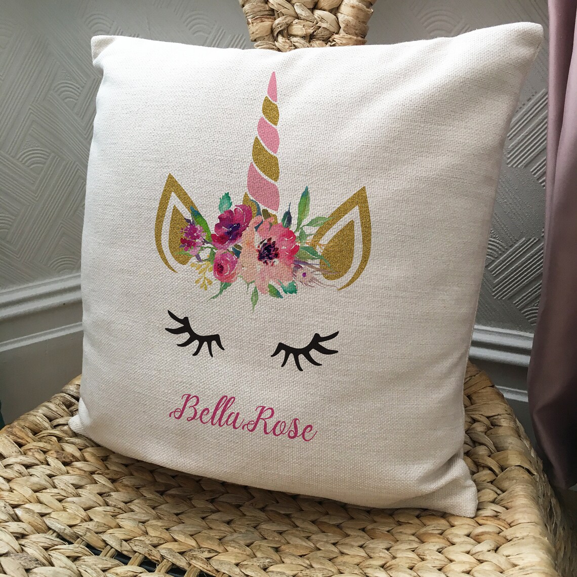 Personalised Unicorn Cushion Cover Childrens Name Floral - Etsy UK
