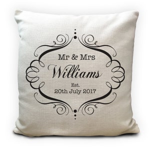 Personalised Wedding Cushion Cover Mr and Mrs Bride and Groom - Anniversary Vintage Style Gift - Home Decor Decoration 40cm 16 Inches