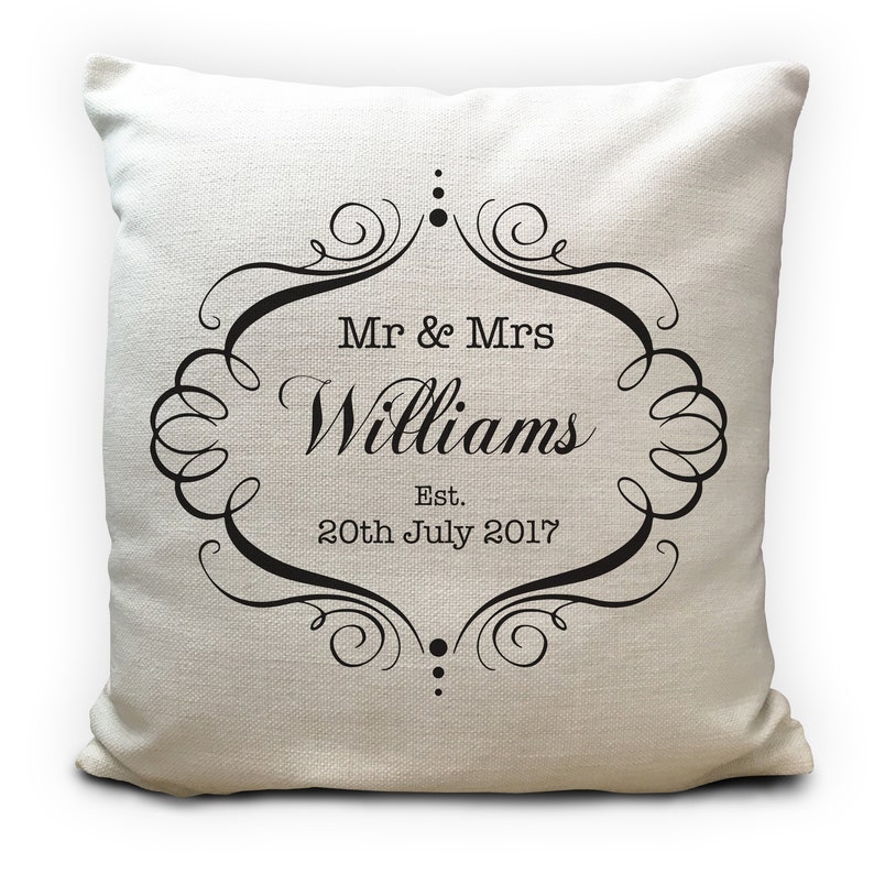 Personalised Wedding Cushion Cover Mr and Mrs Bride and Groom Anniversary Vintage Style Gift Home Decor Decoration 40cm 16 Inches image 1