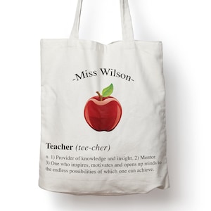 Personalised School Teacher Tote Bag Thank you Gift end of term Graduation Shopping Bag Red Apple with your Teachers Name - 38cm x 40cm