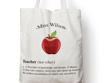 Personalised School Teacher Tote Bag Thank you Gift end of term Graduation Shopping Bag Red Apple with your Teachers Name - 38cm x 40cm