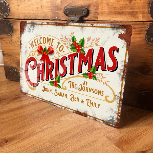 Personalised Christmas Sign Metal Wall Door Decor Traditional Family Festive Accessory Gift, Vintage Plaque, Waterproof, 200mm x 305mm