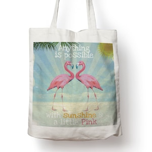 Pink Flamingo Tote Bag, Tropical Sunshine Beach Bag, Shopping Bag, Gym Bag, École, université sur sac à bandoulière pour la vie, 38cm x 40cm
