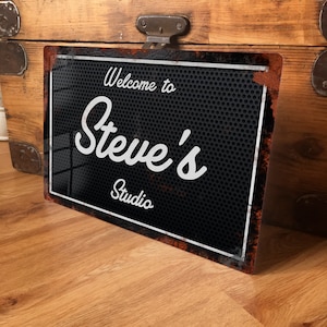 Personalised Music Studio Sign Metal Wall Door Decor Accessory Vintage Guitar Amplifier Retro Tin Plaque Waterproof Aluminium, 200mm x 305mm