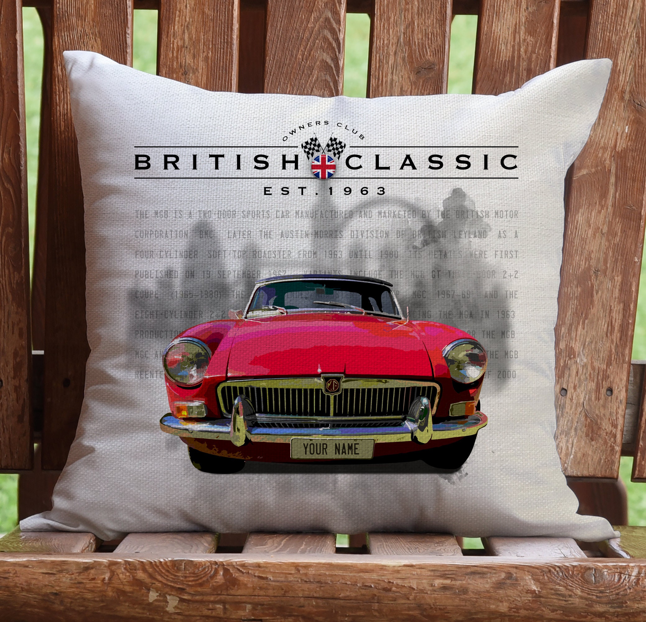MGB Roadster Cushion Cover British Classic Car PERSONALISED Dad Gift CC27 