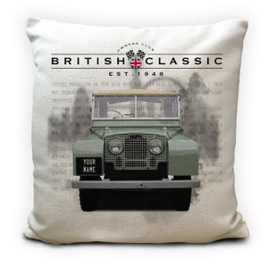 Funda personalizada para cojín de coche clásico LR Series 1 británico - Vintage Retro Collectors Home Accessory - Your Name Number Plate - 16 pulgadas