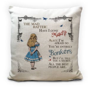 ALICE WONDERLAND Cushion Cover Mad Hatter Tea Party Bonkers - vintage printed Home Decoration decor - 16 inch 40cm