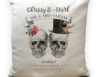 Personalised Wedding Skulls Cushion Cover Gift - Mr and Mrs Gothic Bride and Groom - Anniversary Vintage Style Gift - Home Decor Decoration