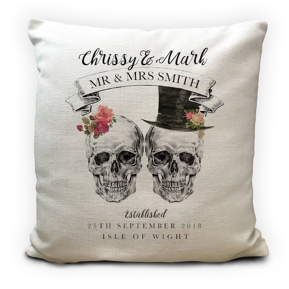 Personalised Wedding Skulls Cushion Cover Gift - Mr and Mrs Gothic Bride and Groom - Anniversary Vintage Style Gift - Home Decor Decoration