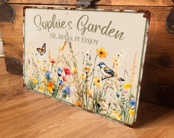 Personalised Boho Garden Sign Metal Outdoor Wall Door Fence Decor Accessory, Floral Vintage Retro Plaque Waterproof Aluminium, 200mm x 305mm