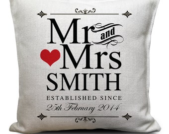 Personalised Wedding Gift Cushion Cover - Mr and Mrs bride and groom - Vintage Classic Style - Home Decor 40cm 16 inches