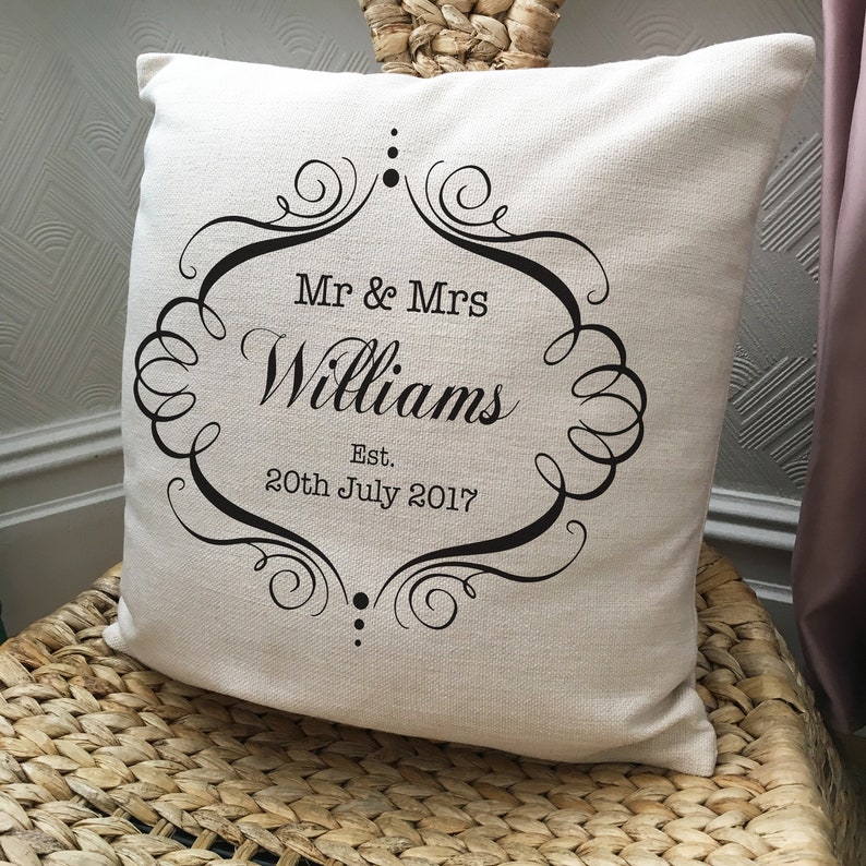 Personalised Wedding Cushion Cover Mr and Mrs Bride and Groom Anniversary Vintage Style Gift Home Decor Decoration 40cm 16 Inches image 2