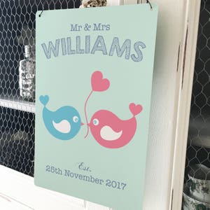 Personalised Wedding Sign, Love Birds Metal Plaque - Vintage style - Anniversary Gift - Bride and Groom - A4 plaque - 200mm x 300mm