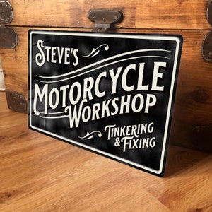 Personalised Motorcycle Workshop Sign Metal Wall Door Decor Motorbike Accessory Garage Shed Vintage Retro Tin Plaque Aluminium 200mm x 305mm