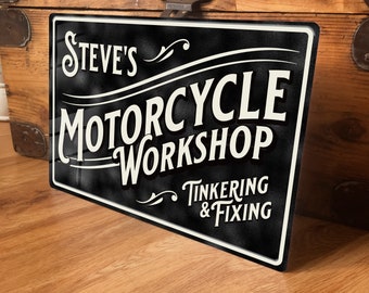 Personalised Motorcycle Workshop Sign Metal Wall Door Decor Motorbike Accessory Garage Shed Vintage Retro Tin Plaque Aluminium 200mm x 305mm
