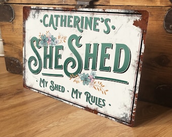 Personalised She Shed Sign Metal Garden Wall Door Decor Accessory, Women's Female Shed Vintage Retro Plaque, Waterproof, 200mm x 305mm