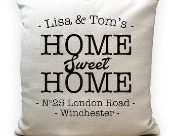 Personalised Home Sweet Home New Home Moving House Cushion Pillow Cover, Vintage House Warming gift, Home Decor, house number cushion 16"