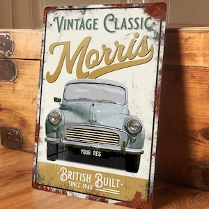 Personalised Morris Minor Metal Tin Sign Wall Door Decor Classic Car Accessory, Garage, Man Cave, Shed Vintage Retro Plaque, 200mm x 305mm