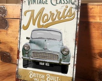 Personalised Morris Minor Metal Tin Sign Wall Door Decor Classic Car Accessory, Garage, Man Cave, Shed Vintage Retro Plaque, 200mm x 305mm