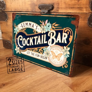 Personalised Cocktail Bar Sign Metal Wall Door Accessory, Vintage Retro Home Pub Outside Plaque, Waterproof Aluminium, 200mm x 305mm