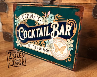 Personalised Cocktail Bar Sign Metal Wall Door Accessory, Vintage Retro Home Pub Outside Plaque, Waterproof Aluminium, 200mm x 305mm
