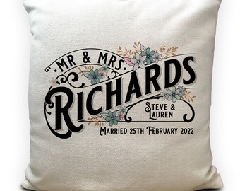 Personalised Wedding Cushion Cover Vintage Mr and Mrs Anniversary Gift, Classic Traditional Typography Home Decor Decoration 40cm 16 Inches