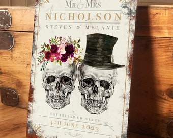 Personalised Wedding Sign Metal Wall Door Decor Gothic Skulls Bride Groom Home Decor Accessory Marriage Gift Vintage Plaque 200mm x 305mm