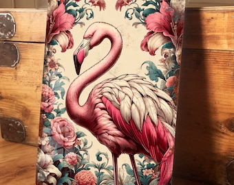 Vintage Pink Flamingo Metal Wall Door Sign Home Decor Gift, Vintage Floral Retro Exotic Bird Plaque, Waterproof Aluminium, 200mm x 305mm